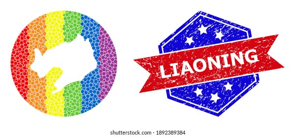 Dot rainbow gradiented map of Liaoning Province mosaic formed with circle and carved shape, and distress seal stamp. LGBTQ rainbow colored dots around empty map of Liaoning Province.