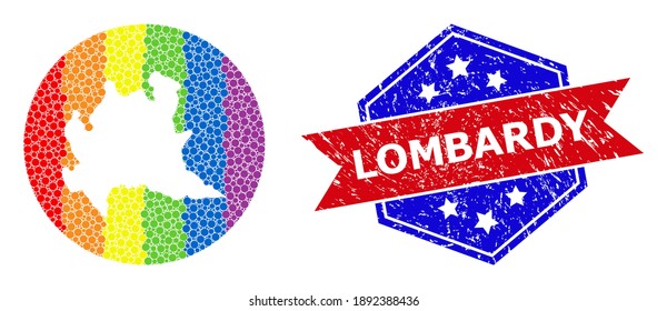 Dot rainbow gradiented map of Lombardy region collage created with circle and hole, and textured seal stamp. LGBT rainbow colored dots around empty map of Lombardy region.