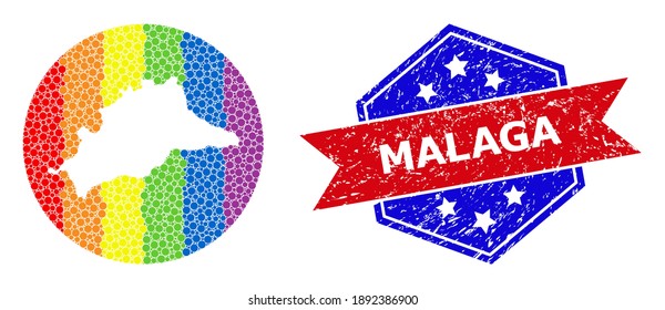 Dot rainbow gradiented map of Malaga Province collage created with circle and subtracted shape, and textured stamp. LGBT rainbow colored dots around empty map of Malaga Province.