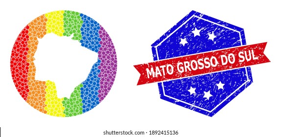 Mapa degradado del arco iris del mosaico del estado de Mato Grosso do Sul diseñado con forma circular y tallada, y marca de agua raspada. Píxeles de color arco iris LGBTQ alrededor del mapa vacío del estado de Mato Grosso do Sul.