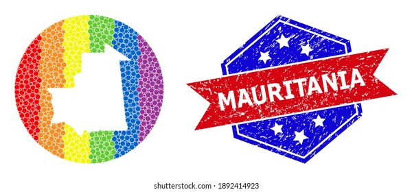 Dot rainbow gradiented map of Mauritania mosaic formed with circle and carved shape, and scratched stamp. LGBTQ spectrum colored dots around empty map of Mauritania.
