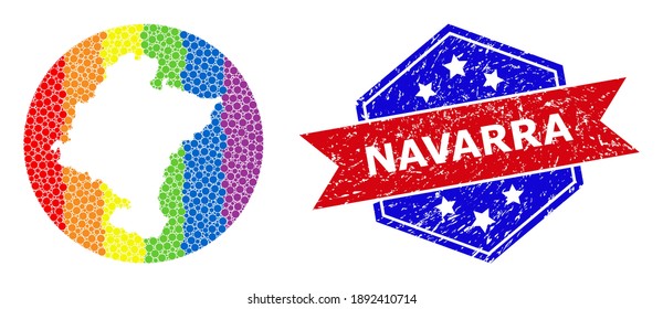 Dot rainbow gradiented map of Navarra Province mosaic designed with circle and subtracted shape, and textured stamp. LGBTQ rainbow colored dots around empty map of Navarra Province.