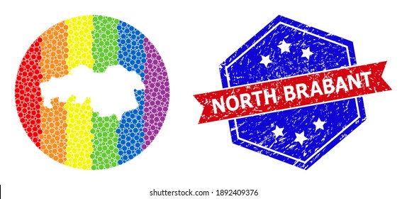 Dot rainbow gradiented map of North Brabant Province mosaic designed with circle and subtracted space, and scratched seal. LGBT spectrum colored pixels around empty map of North Brabant Province.