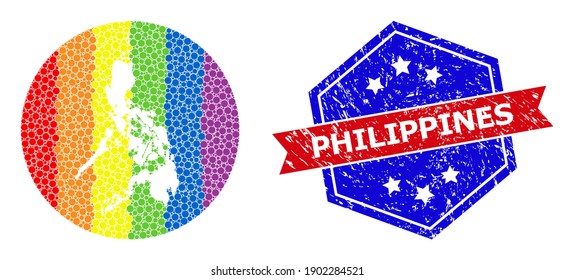 Dot rainbow gradiented map of Philippines collage created with circle and hole, and scratched seal. LGBT rainbow colored pixels around empty map of Philippines.