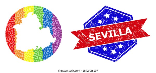 Dot rainbow gradiented map of Sevilla Province mosaic created with circle and stencil, and textured badge. LGBTQ rainbow colored pixels around empty map of Sevilla Province.