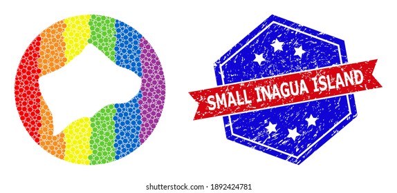 Dot rainbow gradiented map of Small Inagua Island mosaic composed with circle and carved shape, and textured seal. LGBT rainbow colored dots around empty map of Small Inagua Island.