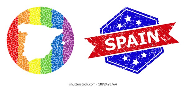 Dot rainbow gradiented map of Spain mosaic created with circle and cut out shape, and scratched watermark. LGBTQ rainbow colored dots around empty map of Spain. Bicolor seal uses red and blue colors,