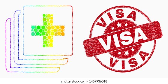 Dot rainbow gradiented medical data mosaic pictogram and Visa seal. Red vector round scratched stamp with Visa title. Vector collage in flat style.