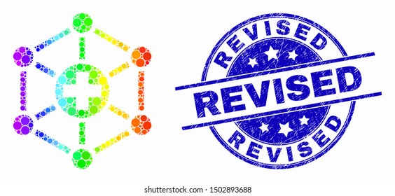 Dot rainbow gradiented medical links mosaic pictogram and Revised seal stamp. Blue vector round distress stamp with Revised message. Vector composition in flat style.
