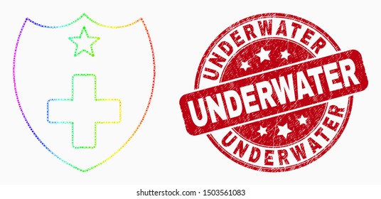 Dot rainbow gradiented medical shield mosaic icon and Underwater seal stamp. Red vector rounded textured stamp with Underwater title. Vector combination in flat style.