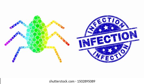 Dot rainbow gradiented mire tick mosaic pictogram and Infection stamp. Blue vector round grunge seal with Infection title. Vector combination in flat style.