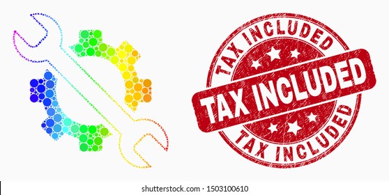 Dot rainbow gradiented options tools mosaic icon and Tax Included seal stamp. Red vector round grunge seal stamp with Tax Included title. Vector combination in flat style.