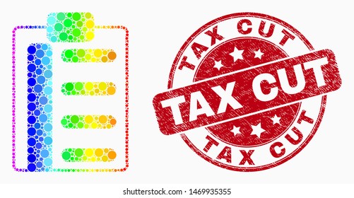 Dot rainbow gradiented pad list items mosaic pictogram and Tax Cut watermark. Red vector round textured watermark with Tax Cut caption. Vector combination in flat style.