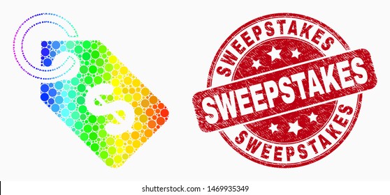 Dot Rainbow Gradiented Price Tag Mosaic Icon And Sweepstakes Seal Stamp. Red Vector Rounded Scratched Seal Stamp With Sweepstakes Text. Vector Composition In Flat Style.