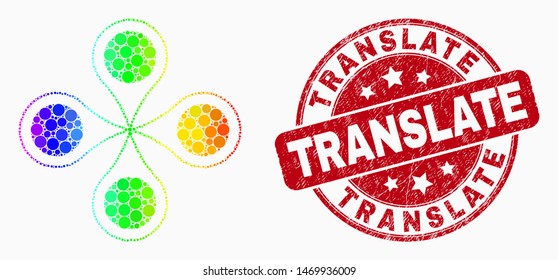 Dot rainbow gradiented quadrocopter mosaic pictogram and Translate seal stamp. Red vector rounded grunge stamp with Translate title. Vector collage in flat style.