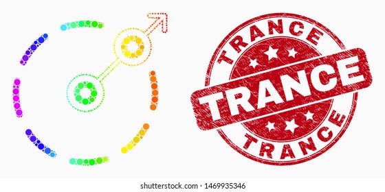 Dot rainbow gradiented radial escape border mosaic pictogram and Trance seal stamp. Red vector round distress seal with Trance title. Vector collage in flat style.