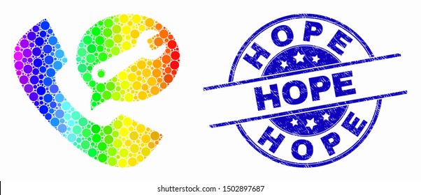 Dot rainbow gradiented service phone call mosaic pictogram and Hope stamp. Blue vector rounded grunge seal with Hope caption. Vector combination in flat style.