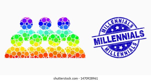 Dot rainbow gradiented staff mosaic icon and Millennials watermark. Blue vector rounded textured seal stamp with Millennials title. Vector collage in flat style.