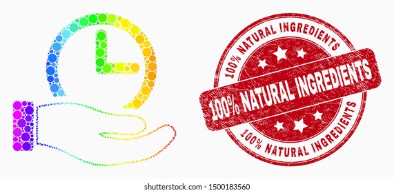 Dot rainbow gradiented time service hand mosaic icon and 100% Natural Ingredients seal stamp. Red vector round grunge seal with 100% Natural Ingredients text. Vector collage in flat style.