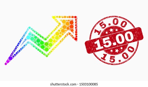 Dot rainbow gradiented trend arrows mosaic icon and 15.00 seal. Red vector round grunge stamp with 15.00 message. Vector combination in flat style.
