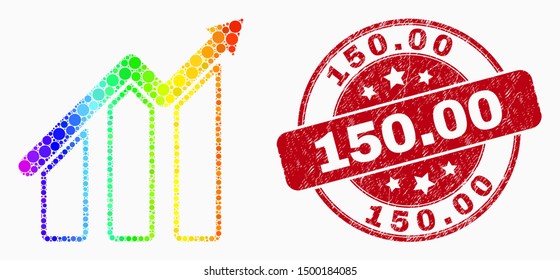 Dot rainbow gradiented trend chart mosaic icon and 150.00 seal stamp. Red vector round distress seal stamp with 150.00 caption. Vector composition in flat style.