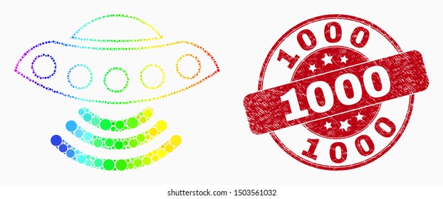 Dot rainbow gradiented UFO mosaic icon and 1000 seal stamp. Red vector round scratched seal stamp with 1000 phrase. Vector collage in flat style.