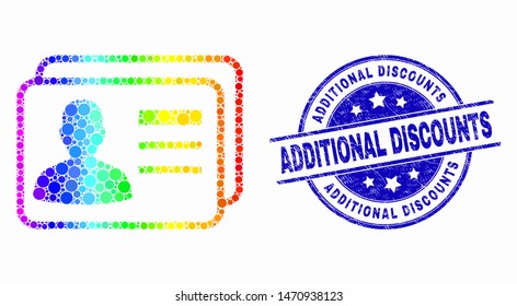 Dot rainbow gradiented user cards mosaic icon and Additional Discounts stamp. Blue vector round textured seal with Additional Discounts message. Vector composition in flat style.