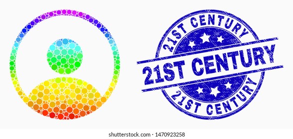 Dot rainbow gradiented user mosaic pictogram and 21St Century stamp. Blue vector rounded textured seal with 21St Century title. Vector combination in flat style.