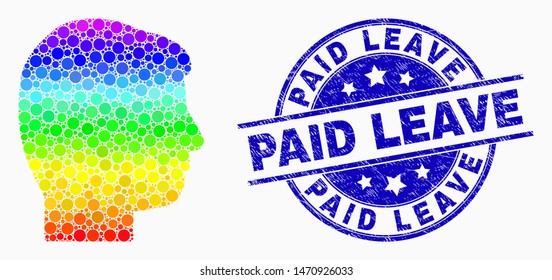 Dot rainbow gradiented user profile mosaic pictogram and Paid Leave seal stamp. Blue vector rounded scratched stamp with Paid Leave phrase. Vector combination in flat style.