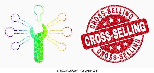 Dot rainbow gradiented wrench links mosaic pictogram and Cross-Selling watermark. Red vector round grunge seal stamp with Cross-Selling phrase. Vector collage in flat style.