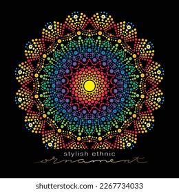 Dot rainbow mandala for acrylic painting. Spot painting point to point. Abstract design of mandala in dot paint style. Aboriginal australian ethnic round ornament.