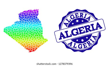 Dot rainbow map of Algeria and blue grunge round stamp seal. Vector geographic map in bright rainbow gradient colors on a white background.