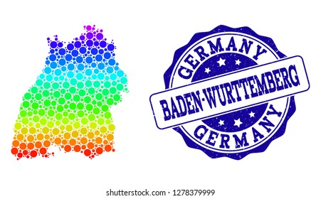 Dot rainbow map of Baden-Wurttemberg State and blue grunge round stamp seal. Vector geographic map in bright rainbow gradient colors on a white background.