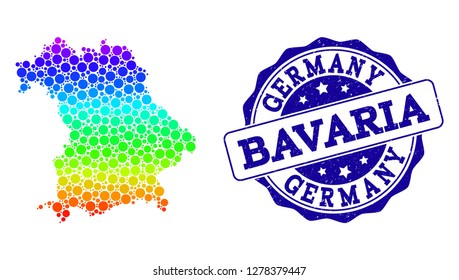 Dot rainbow map of Bavaria State and blue grunge round stamp seal. Vector geographic map in bright rainbow gradient colors on a white background.