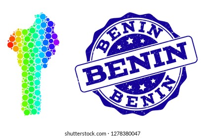 Dot rainbow map of Benin and blue grunge round stamp seal. Vector geographic map in bright rainbow gradient colors on a white background.