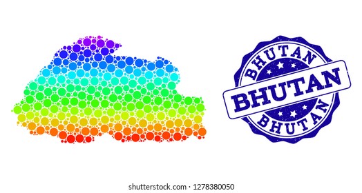 Dot rainbow map of Bhutan and blue grunge round stamp seal. Vector geographic map in bright rainbow gradient colors on a white background.