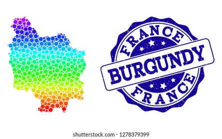 Dot rainbow map of Burgundy Province and blue grunge round stamp seal. Vector geographic map in bright rainbow gradient colors on a white background.