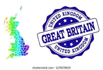 Dot rainbow map of Great Britain and blue grunge round stamp seal. Vector geographic map in bright rainbow gradient colors on a white background.