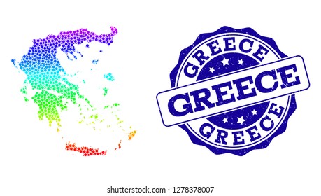 Dot rainbow map of Greece and blue grunge round stamp seal. Vector geographic map in bright rainbow gradient colors on a white background.