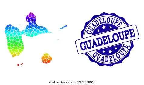 Dot rainbow map of Guadeloupe and blue grunge round stamp seal. Vector geographic map in bright rainbow gradient colors on a white background.