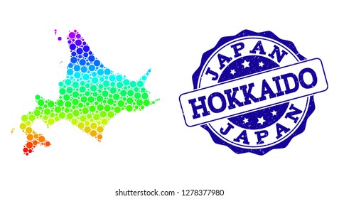 Dot rainbow map of Hokkaido Island and blue grunge round stamp seal. Vector geographic map in bright rainbow gradient colors on a white background.
