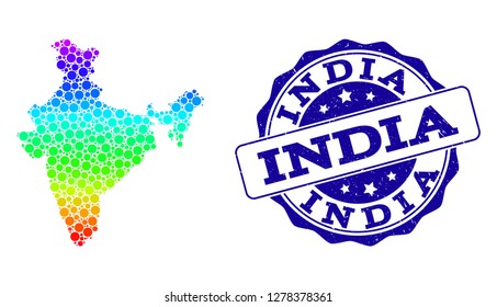 Dot rainbow map of India and blue grunge round stamp seal. Vector geographic map in bright rainbow gradient colors on a white background.