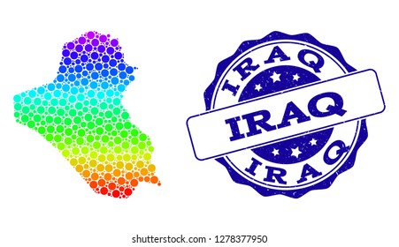 Dot rainbow map of Iraq and blue grunge round stamp seal. Vector geographic map in bright rainbow gradient colors on a white background. Colored vector pattern of map of Iraq designed of round dots.