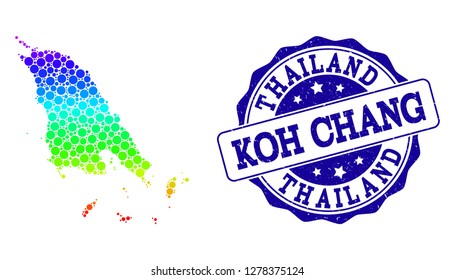 Dot rainbow map of Koh Chang and blue grunge round stamp seal. Vector geographic map in bright rainbow gradient colors on a white background.