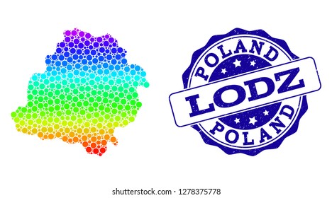 Dot rainbow map of Lodz Province and blue grunge round stamp seal. Vector geographic map in bright rainbow gradient colors on a white background.