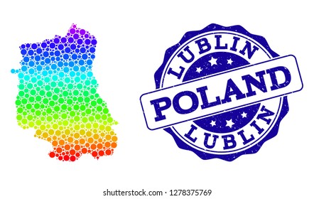Dot rainbow map of Lublin Province and blue grunge round stamp seal. Vector geographic map in bright rainbow gradient colors on a white background.