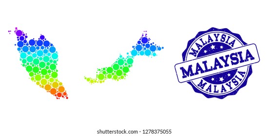 Dot rainbow map of Malaysia and blue grunge round stamp seal. Vector geographic map in bright rainbow gradient colors on a white background.