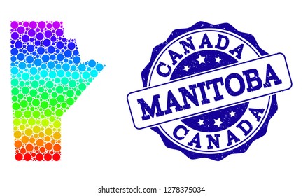 Dot rainbow map of Manitoba Province and blue grunge round stamp seal. Vector geographic map in bright rainbow gradient colors on a white background.