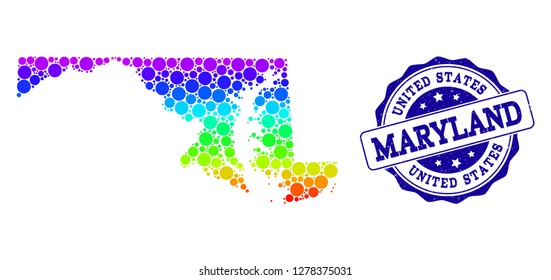 Dot rainbow map of Maryland State and blue grunge round stamp seal. Vector geographic map in bright rainbow gradient colors on a white background.