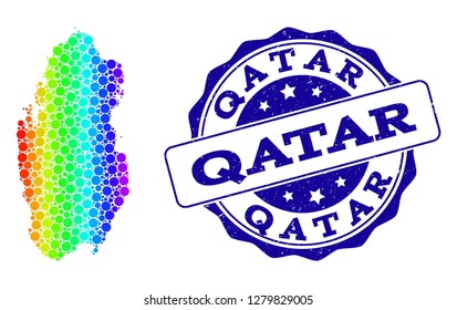 Dot rainbow map of Qatar and blue grunge round stamp seal. Vector geographic map in bright spectrum gradient colors on a white background.